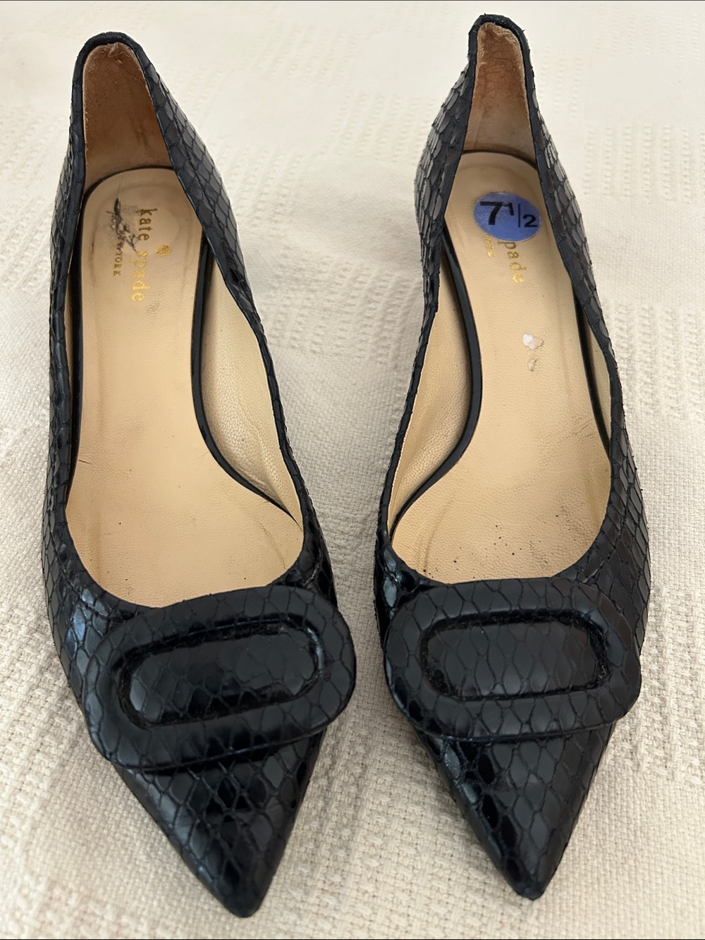 KATE SPADE Black Pump with Croc Texture and Buckle Accent 7.5